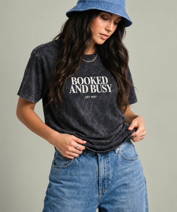Booked and Busy Vintage Crewneck Tee — 'Booked and Busy' Graphic T-Shirt (Est. 1997)